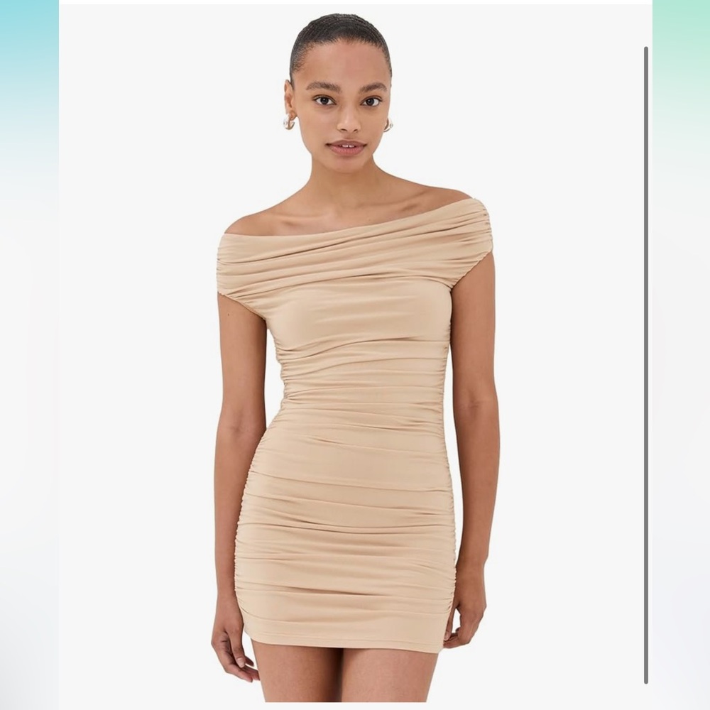 Lioness Off-Shoulder Ruched Mini Dress - Beige